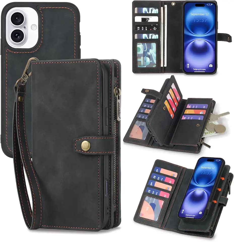 TwoHead Wallet Case for iPhone 16,with 11 Card Holders,Black