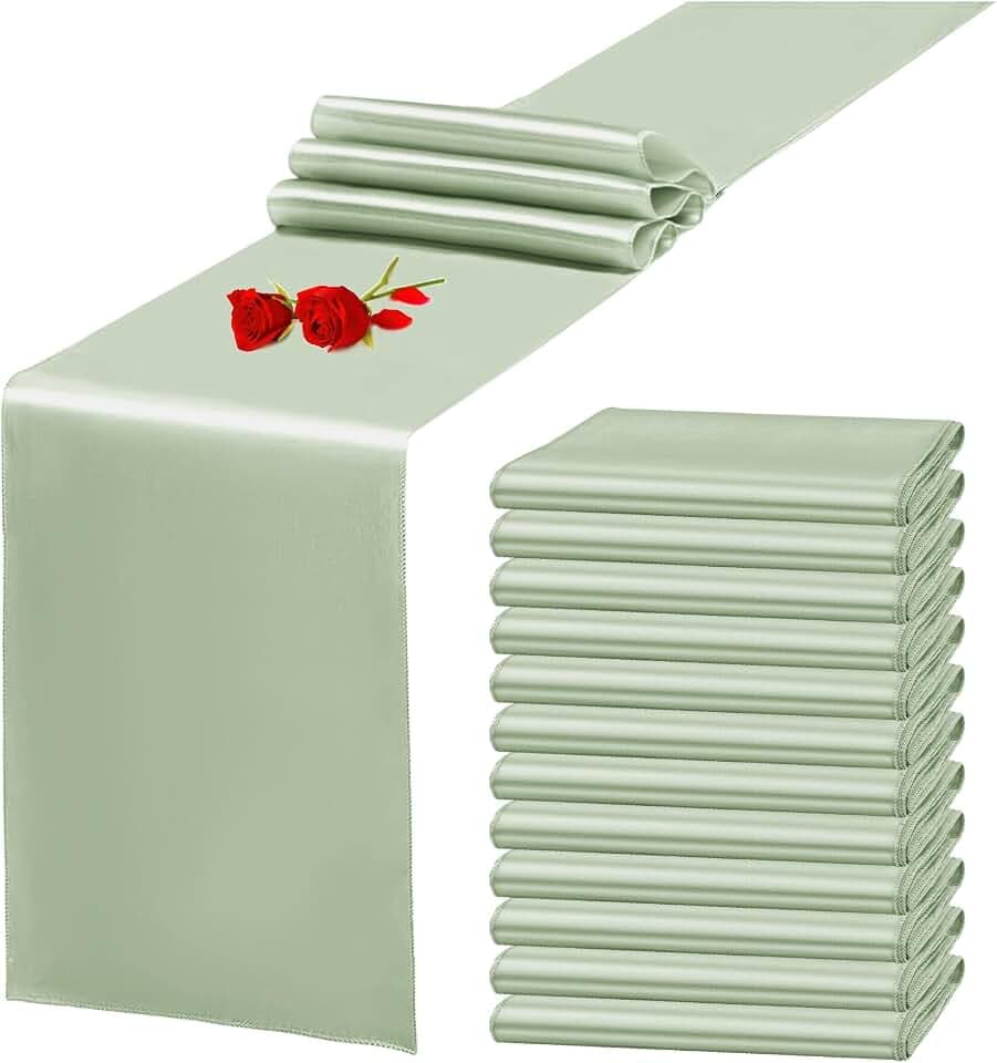 12 Pack Sage Green Satin Table Runner 12 x 108 Inch Long Premium Table Runners for Wedding Party Events Decoration，Birthday Parties, Banquets Decorations, Graduations, Engagements