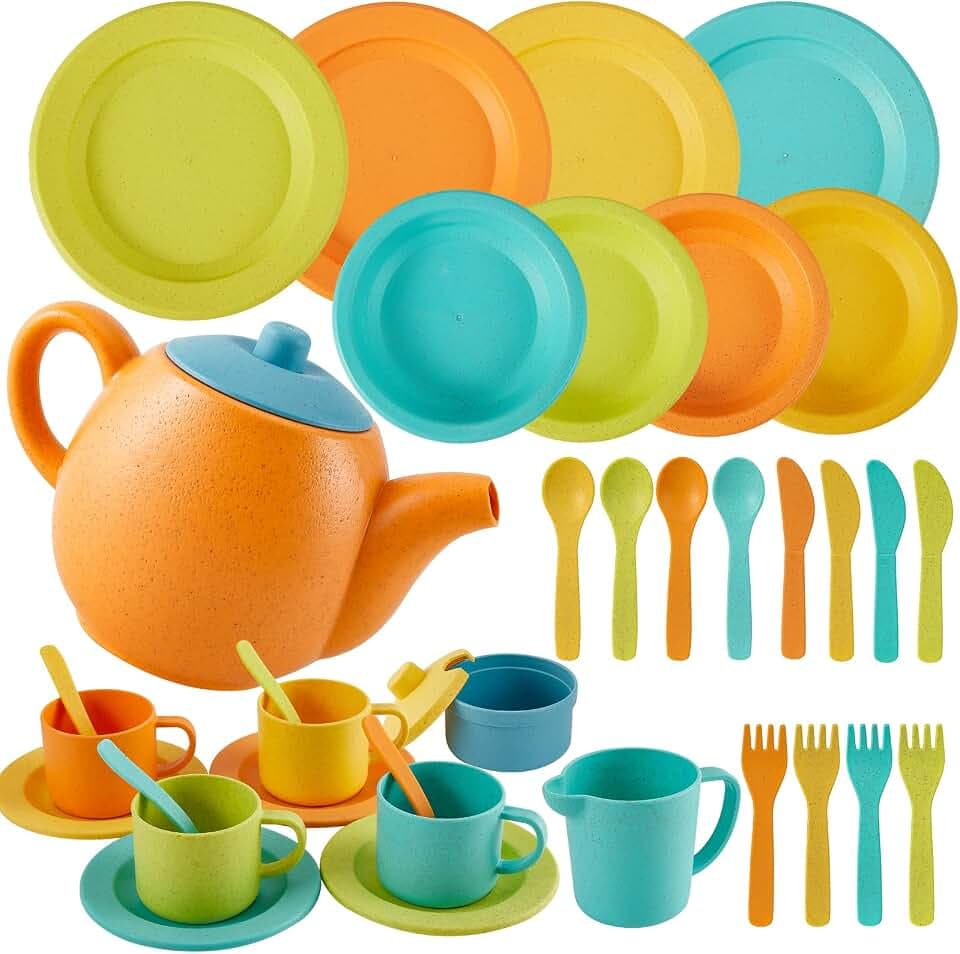 kinderküche Geschirr Teeservice Set, Puppengeschirr Kinderküche Zubehör Tee Set und Geschirr Set, Kochgeschirr Teeparty Spielküche Geschenk für 3 4 5 Jahre Mädchen Jungen