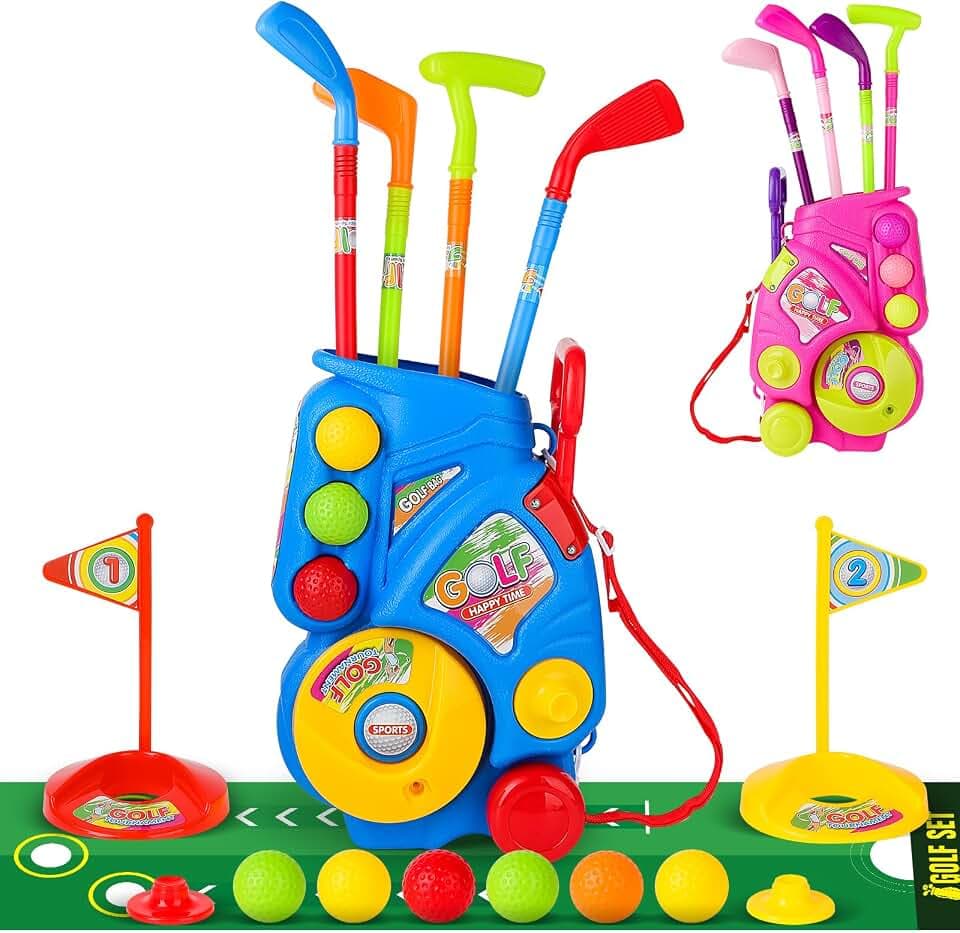deAO Golf-Set für Kinder - Golfspielzeug mit Tragekoffer auf Rädern(Blau)
