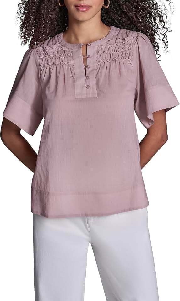 BCBG Womens Short Sleeve Top with Gathered Ruching Detail