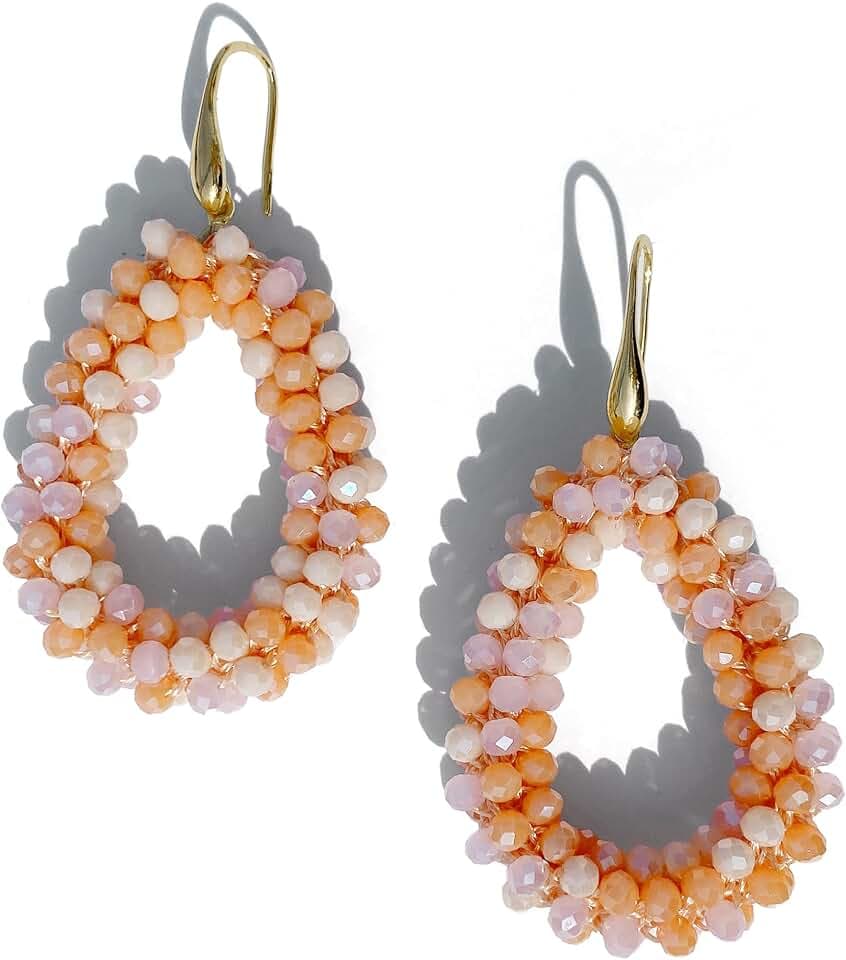 Colorful Beaded Teardrop Earrings for Women – Handmade Statement Dangle Earrings with Gold Hooks, Lightweight Boho Jewelry (3M3443)