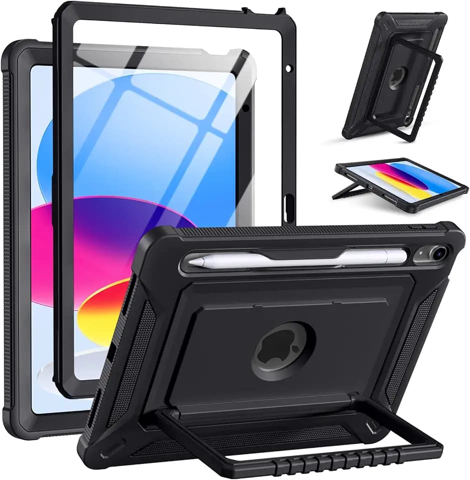 Akkerds for iPad A16 case 11th Generation 11 Inch 2025 - for iPad 10th Generation case 10.9 Inch 2022 with Pencil Holder - Screen Protector and Kickstand - Heavy Duty Rugged Protective Cover - Black