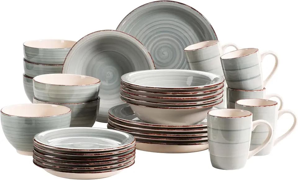 MÄSER 931612 Bel Tempo II 30-teiliges Vintage Geschirr Set für 6 Personen, handbemaltes Keramik Kombiservice in Blau, Steingut, Rauchblau