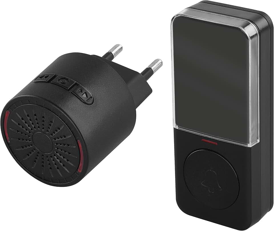 EMOS Mini-Türklingel und Taster, 10 Melodien, 150m Reichweite, 5 Lautstärkestufen (0-85 dB), schwarze Miniaturklingel, batteriebetriebener wasserdichter Taster, zusätzliche Taste bestellbar