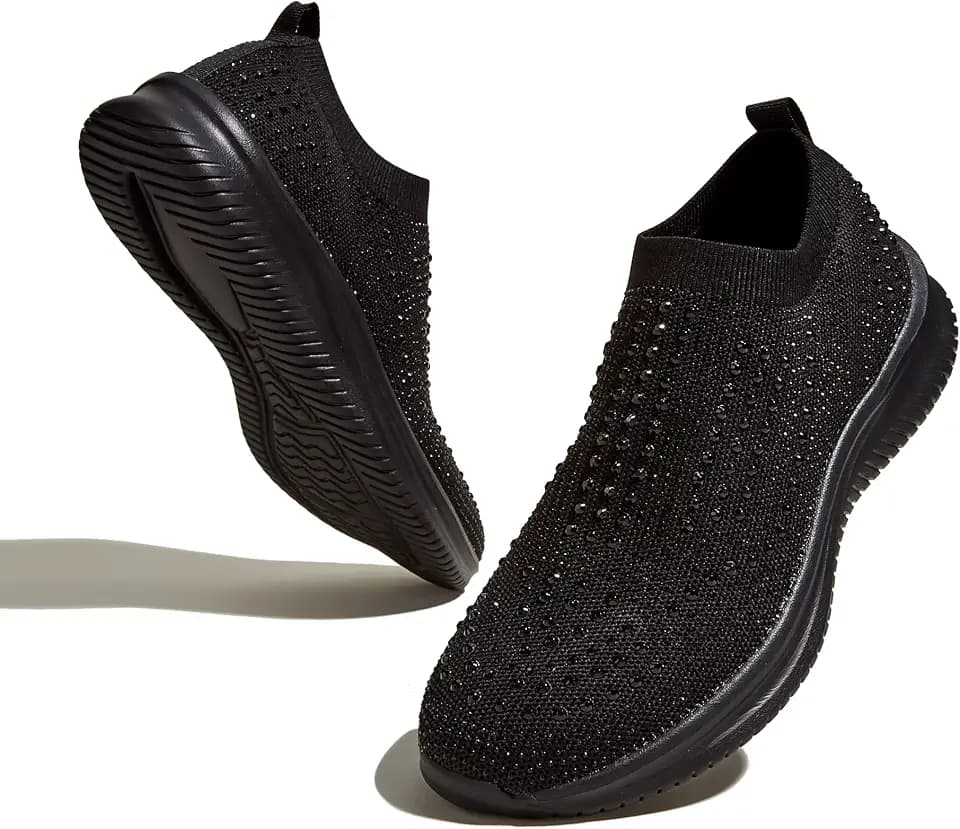 BELOS Women Rhinestone Slip On Walking Breathable Shoes