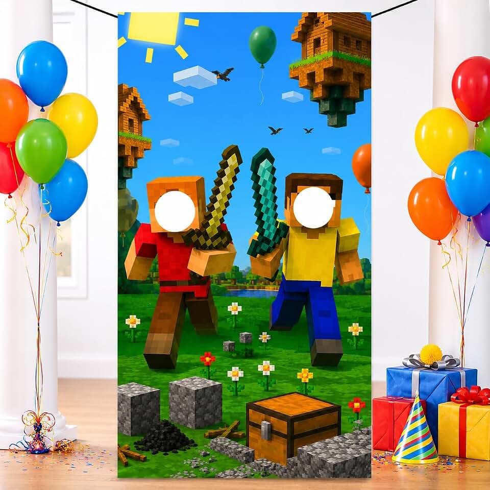 IndoTribe Video Game Birthday Decorations Face in The Hole Backdrop for Photos 6x3ft Face Cutout Photo Booth Props for Gamer Birthday Party Decorations Door Prop Photo Booth Fabric Backdrop