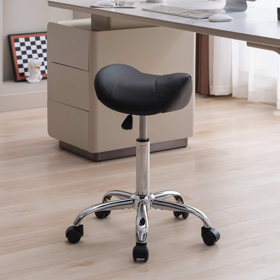 FIRAVOE Saddle Stool, Swivel Saddle Stools with Wheels, Adjustable Rolling Stool 18"-26", Faux Leather Rolling Saddle Stool for Salon, Massage, Clinic, Lab, Office (Black, 1PCS (18"-26"))