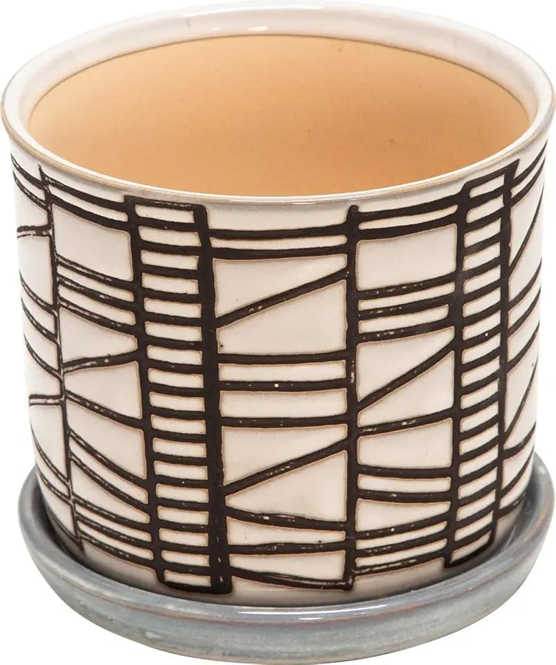 Set of 2 Geometric Decorative Ceramic Planter Pots with Saucer – Stoneware Outdoor & Indoor Plant Pots with Drainage – Modern Garden & Home Decor Ceramic Planters – 6" & 8", Ivory