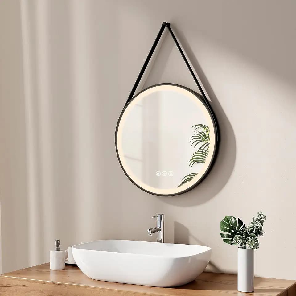 EMKE Badezimmerspiegel, rund, 50 cm, rund, mit Touch-Schalter und Anti-Beschlag-Funktion, 3 Lichtfarben, schwarzer Rahmen und Verstellbarer Schultergurt