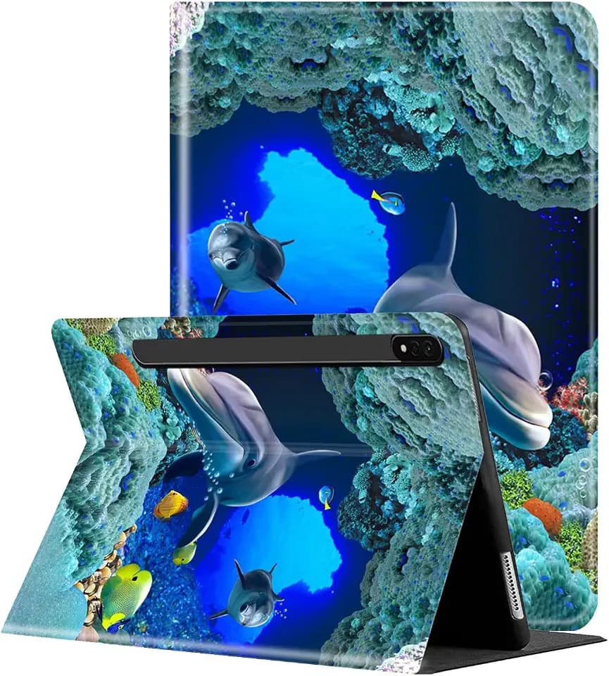 Case for Samsung Galaxy Tab S8 Plus 2022/ Tab S7 FE 5G 2021/ Tab S7 Plus 2020 Tablet 12.4-inch, Multi-Angle Bracket with Automatic Sleep/Wake Protection Case - Dolphin Sea World