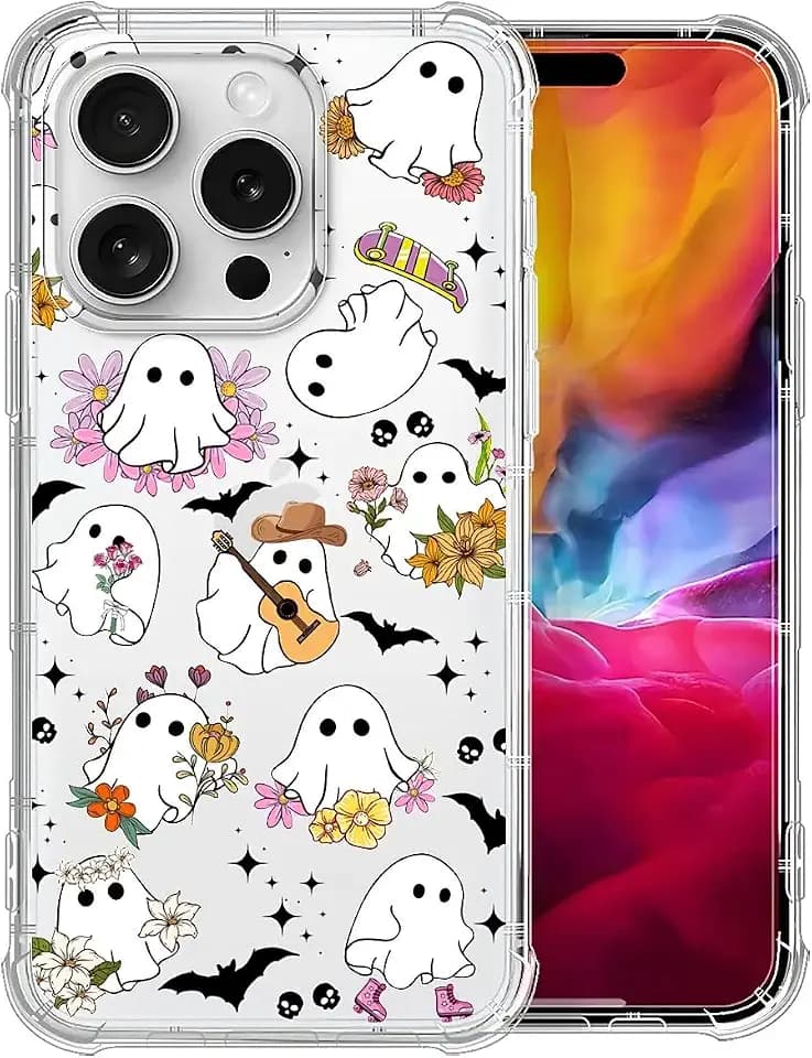Case for iPhone 16 Pro,Crystal Clear Shockproof Cover with 4-Corner Airbag Technology, Military-Grade Protection Compatible with iPhone 16 Pro Case - Cute Floral Ghosts Halloween