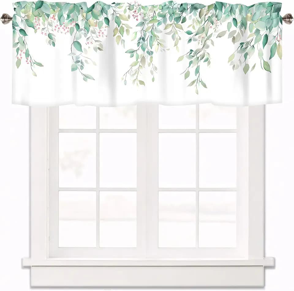 Green Eucalyptus Leaves Curtain Valance for Windows Watercolor Floral Window Treatments 1 Panel Short Curtains for Kitchen Windows Bathroom Bedroom,42 x 12 Inch