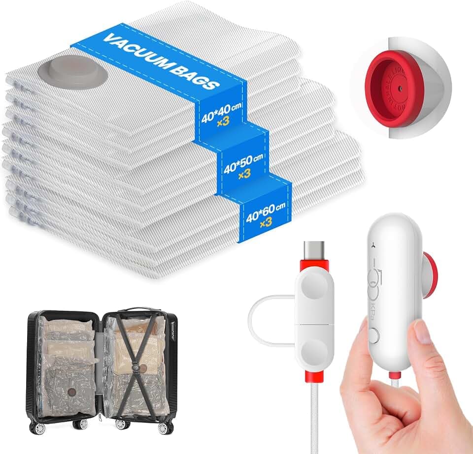 Vacbird Vakuumbeutel für Kleidung mit kompakter USB-Pumpe, 9 reisetaugliche