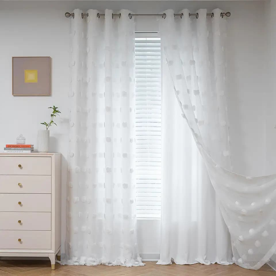 MYSKY HOME White Curtains for Kids Room & Nursery - 72 Inch Long Double Layer Sheer Curtains with Pom Poms & Grommets for Girls Bedroom & Living Room - Darkening Panels W52 X L72