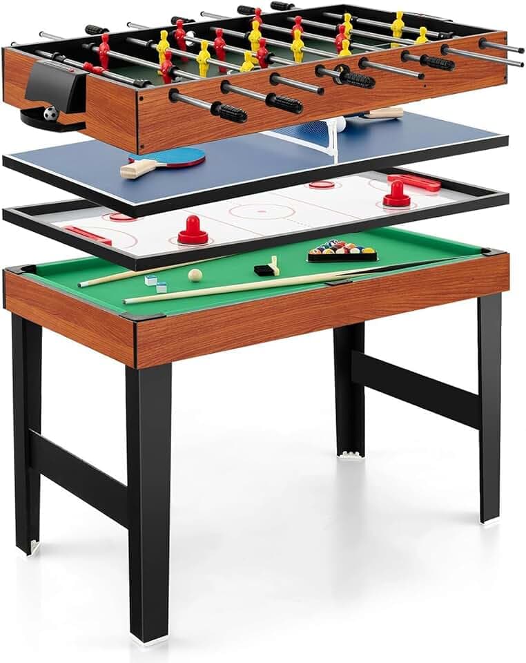 COSTWAY Multi Spieltisch, 4 in 1 Tischkicker mit Billard, Hockey, Tischtennis, Multifunktionstisch Tischfußball mit Zubehör, Kickertisch für Spielzimmer, Party, Bars, 125 x 97 x 83 cm