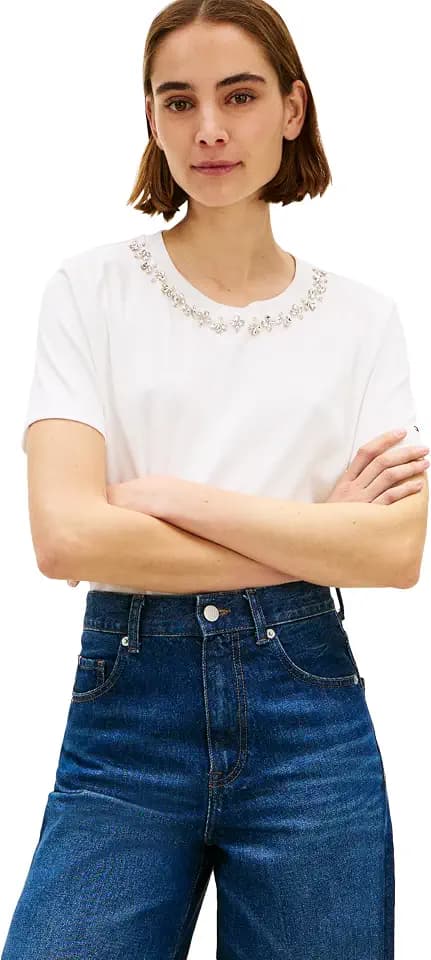 Tommy Hilfiger Women's Short Sleeve Cotton Crew Neck T-Shirt with Collar Embellishment
