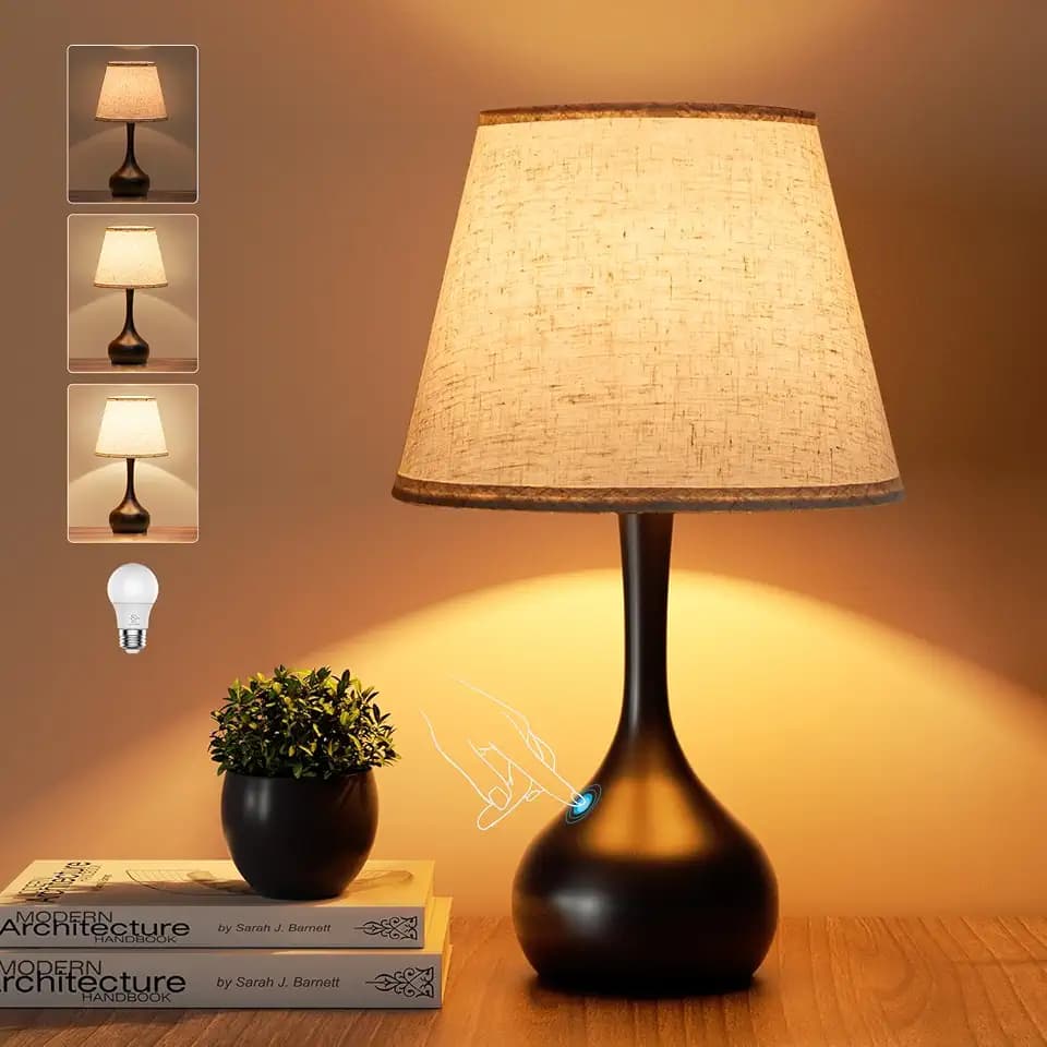 ONEWISH Touch Bedside Lamp, Farmhouse 3-Way Dimmable Table Lamps for Nightstand with Fabric Shade, 17.32'' Desk Lamp for Reading, Bedroom, Livingroom, Office, Corded