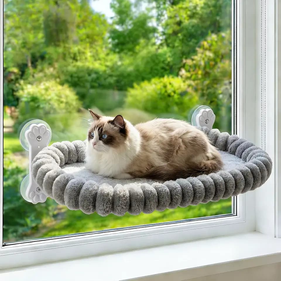 Homegroove Katzen-Fensterliege, 60 x 30 cm Faltbare Katzenhängematte für das Fenster mit 4-seitiger Polsterung & 4 großen Saugnäpfen, kabelloses Fensterbett für Wohnungskat (Grau, Large(60x30cm))