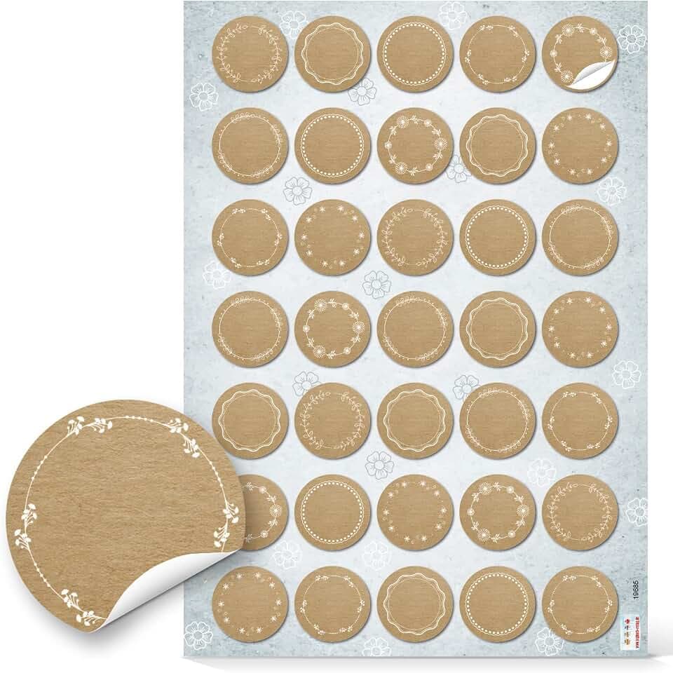 Runde Blanko-Aufkleber, 70er Set: Sticker in Kraftpapier-Optik für Verpackung & Geschenke, Klebeetiketten Hochzeit, Zum Beschriften & Selbst Gestalten, Geschenkaufkleber Braun & Weiß, Klein, Ø 3,2 cm