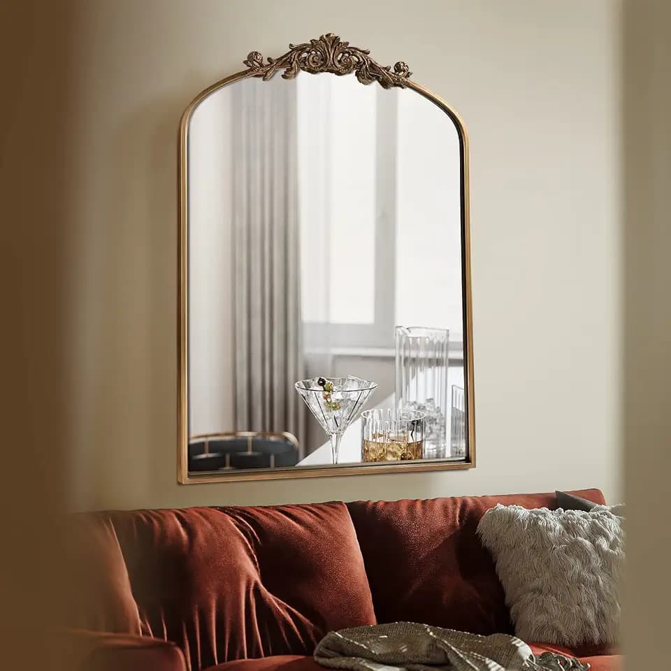OUSHUAI Goldfarbener Messingspiegel für die Wand, traditioneller Vintage-Stil, verzierter Barockspiegel, viktorianischer antiker Bronzespiegel mit komplettem Matel-Rahmen, gewölbter Spiegel für