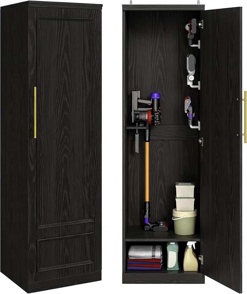 Broom Closet Storage Cabinet, 65" H Slim Utility Closet Black
