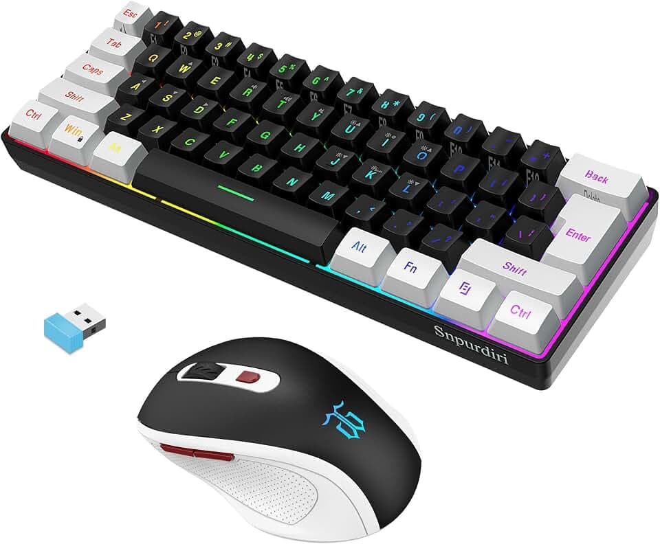 Snpurdiri 2.4G 60% Wireless Gaming Keyboard and Mouse Combo (White-Black)