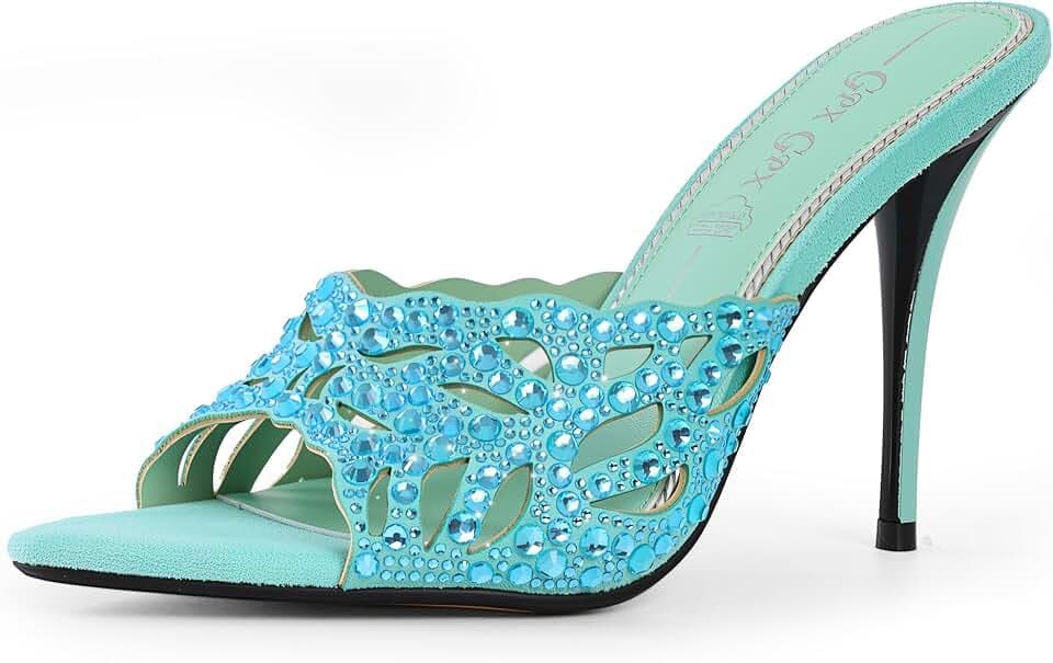 Women Stiletto Mules High Heel Rhinestone Cutout Heeled Sandals Open Pointed Toe Sandals Mules Slip On Party Wedding Shoes