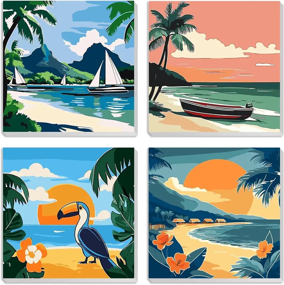 vooiceofco 4-Teiliges Küstengemälde Malen Nach Zahlen Erwachsene Acrylpigment DIY Ölgemälde Leinwand Set Ohen Rahmen inklusive Pinsel und Acrylfarben