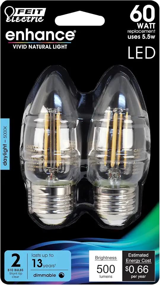 Feit Electric B10 Enhance LED Light Bulb, 60W Eq, Daylight White, 2 Pack