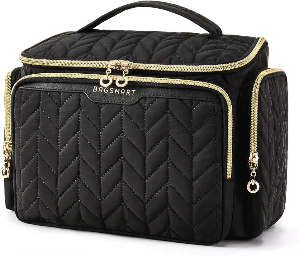 BAGSMART Travel Toiletry Bag, Large Wide-open Travel Bag for Toiletries, Makeup Cosmetic Travel Bag with Handle-Black