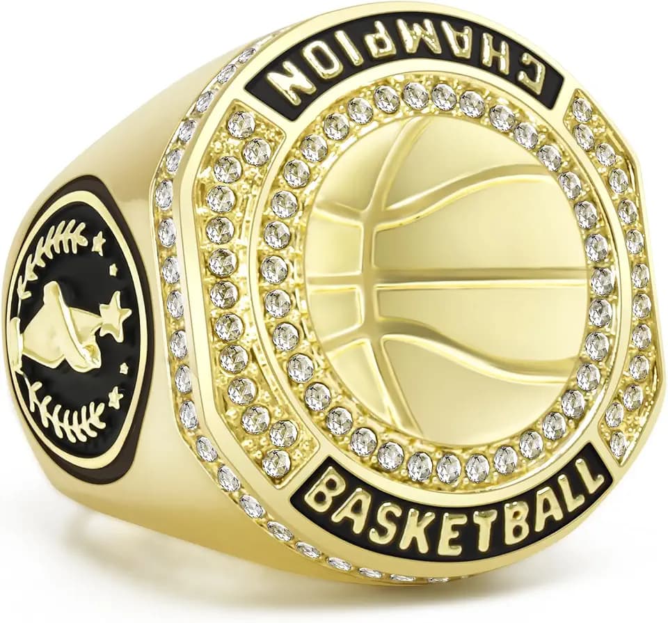 1-12 Pack MVP Football Baseball Basketball Soccer Champion Ring Championship Rings Most Valuable Player Football Baseball Basketball Soccer Gold Award Trophy Medals Ring with Display Case and Holder