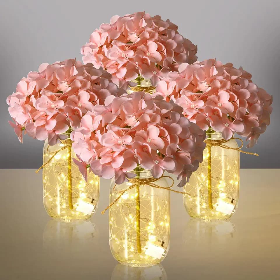 4 Sets Hydrangea Mason Jar Centerpiece with LED Lights for Wedding