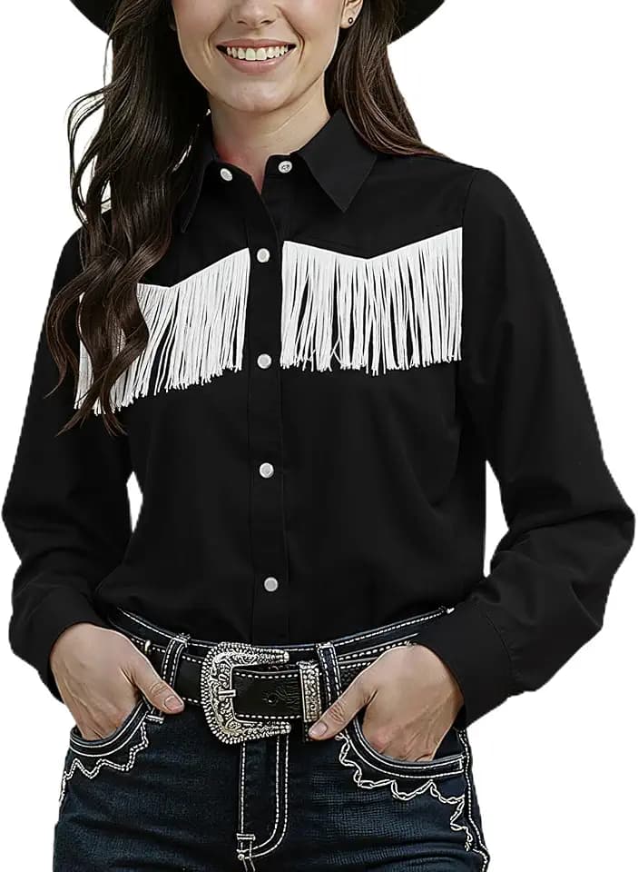 Noomelfish Womens Fringe Pearl Snap Western Shirt Long Sleeve Button Down Country Concert Nashville Cowgirl Outfit