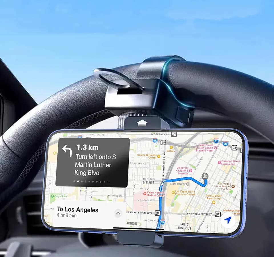 Steering Wheel Phone Holder with Large Metal Clip[Thick Cases Friendly]Adjustable Phone Holders for Your Car, Truck, Tesla, Hands Free Phone Mount for iPhone 16 15 Pro Max, Android Smartphone