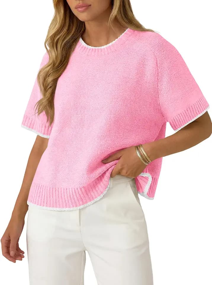 Saodimallsu Womens Short Sleeve Sweaters Crew Neck Lightweight Casual Loose Fit Summer Trendy Knit Tops