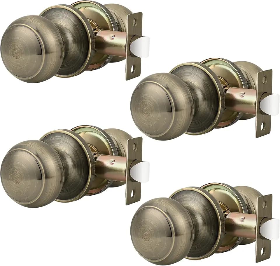 Probrico Closet Hallway Door Knobs Interior, Keyless Passage Door Knobs No Lock, Antique Brass Interior Door Handles, 4 Pack