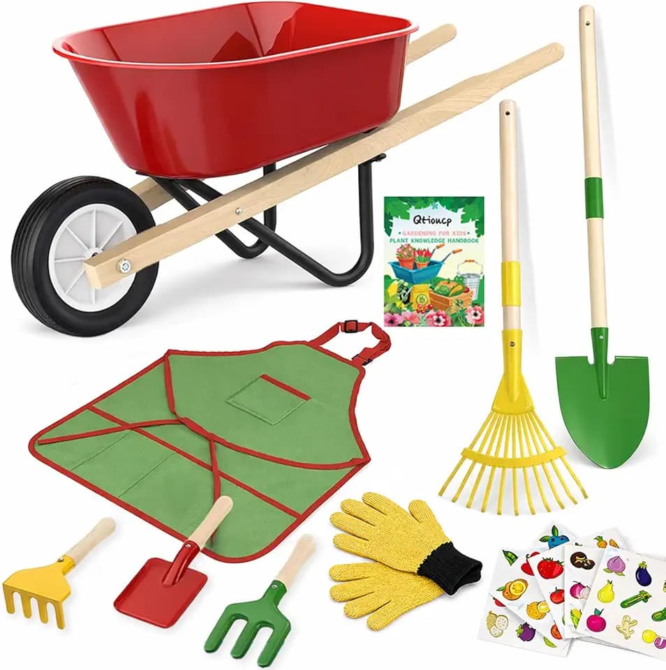 Qtioucp Kids Gardening Wheelbarrow Set, Metal & Wooden Garden Tools for Kids Ages 3-8, Real Wheelbarrows with Apron, Gloves & STEM Guide, Outdoor Backyard Garden Toy Gift