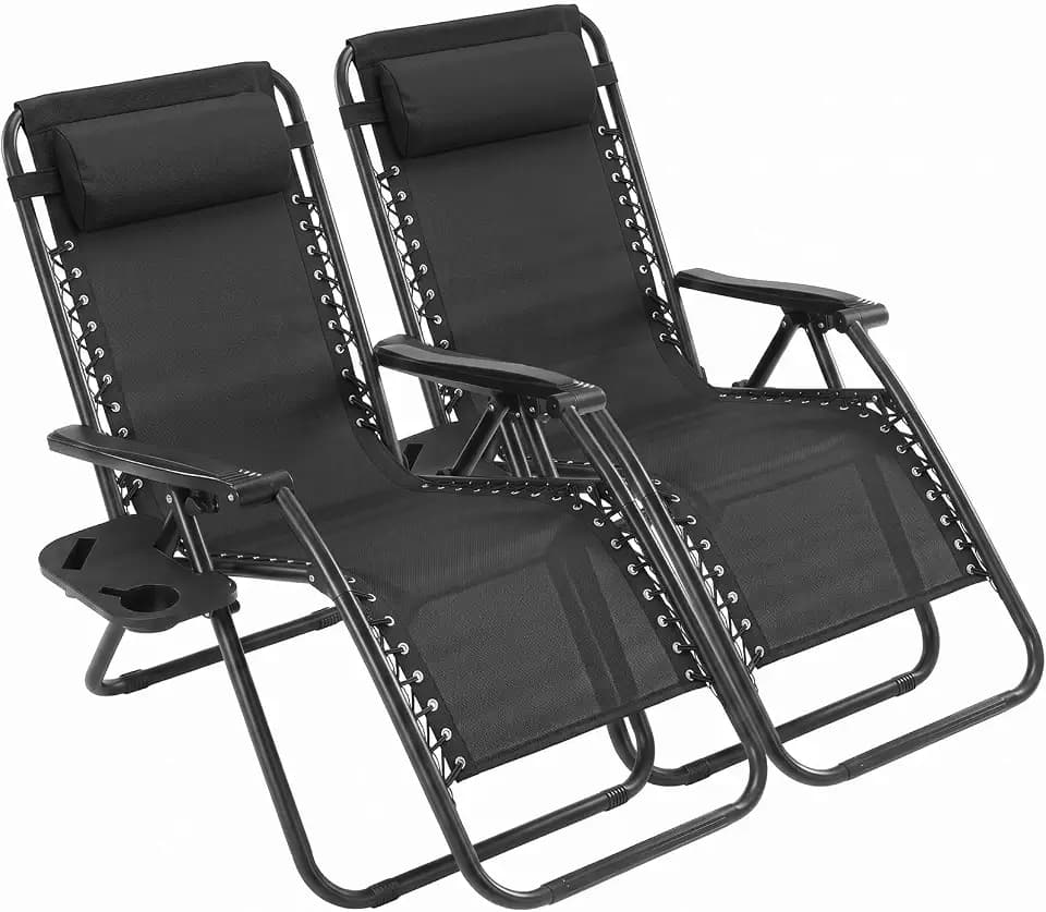 Sweetcrispy Zero Gravity Chairs Set of 2, Outdoor Folding Patio Lounge Chair with Cup Holder Tray, Portable Beach Camping Recliner for Poolside, Garden, Backyard, Lawn, Solid Black