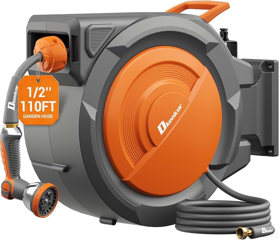 Retractable Garden Hose, 1/2" × 110 ft Wall Mounted Garden Hose Reel with 10-Pattern Hose Nozzle, Heavy Duty Water Hose Any Length Lock,Slow Return System,180°Swivel Bracket