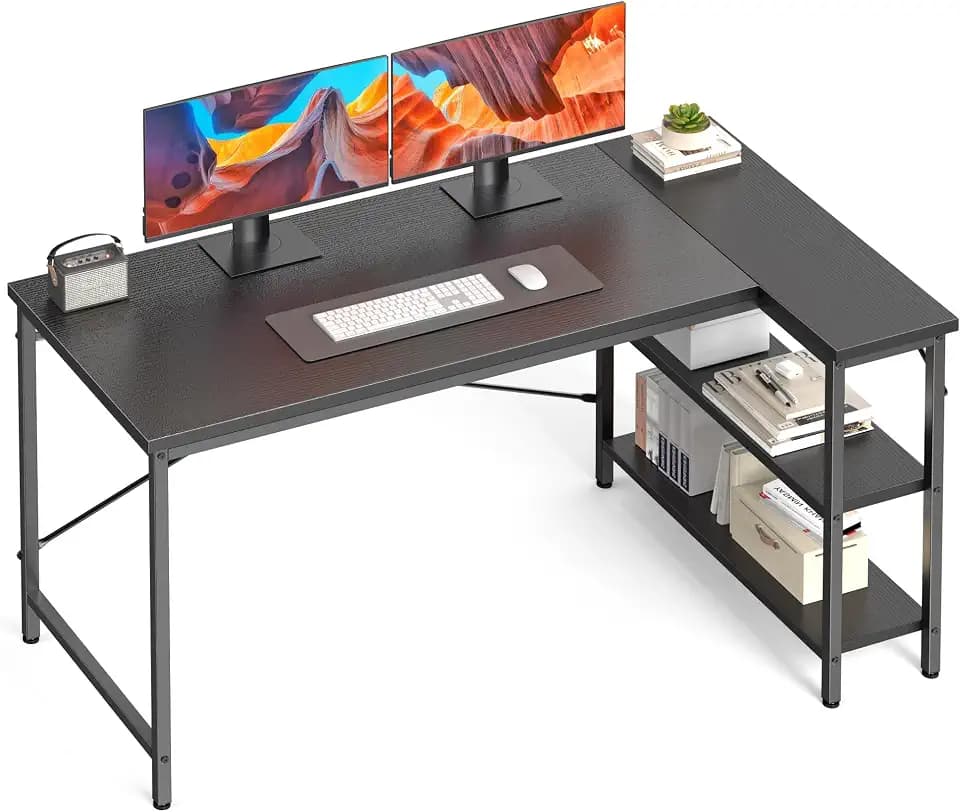 DUMOS 55" L Shaped Computer Desk, Corner Desks with Storage Shelves, Black