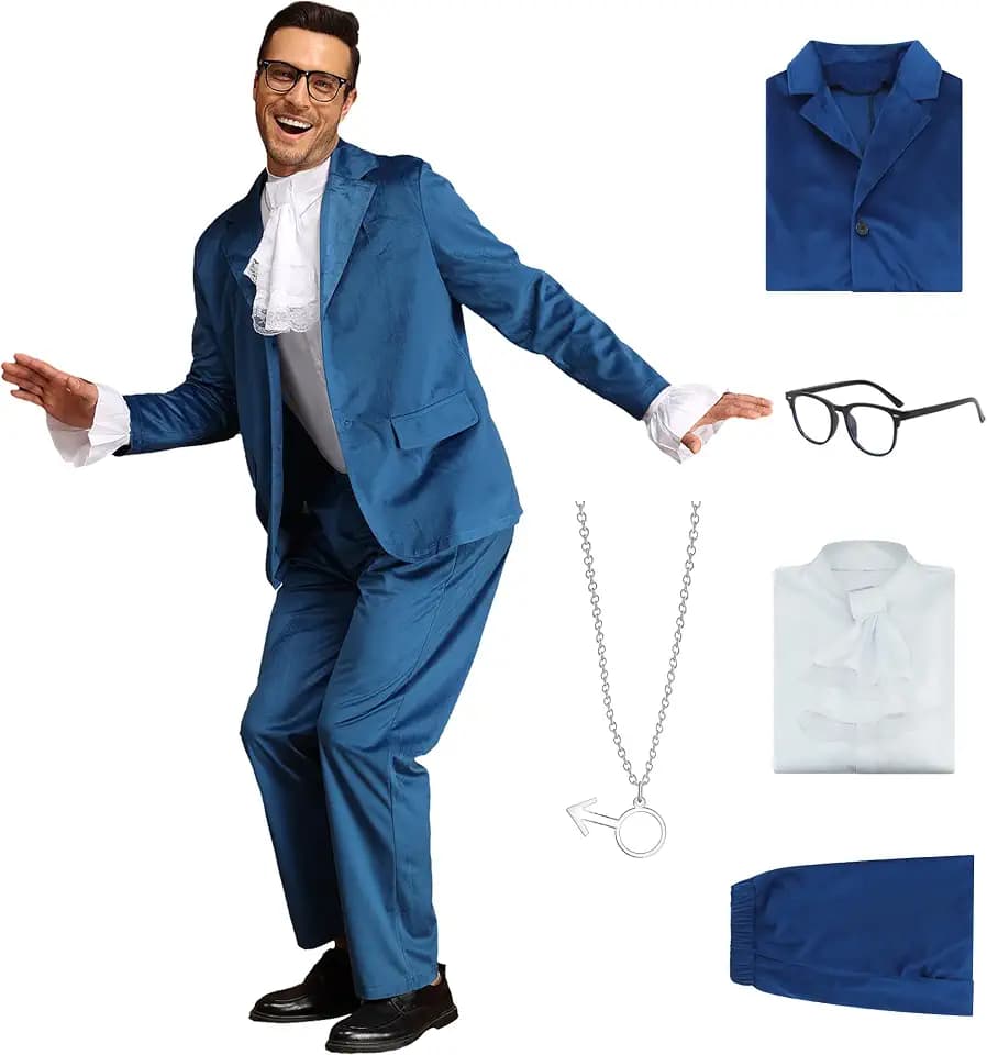 Blaues 60er-Jahre-Swinger-Kostüm, grooviges Kostüm für Herren, Spionage-Kostüm, Austin, Halloween, Cosplay, Anzug, Rüschen, Hemd, Jacke, Hose, Set