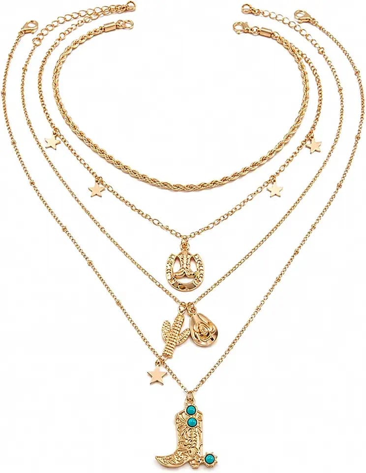QCWN Western Necklaces for Women Cowboy Necklace Turquoise Layered Chain - Boho Necklaces Trendy with Country Concert Accessories Outfits Jewelry Gifts for Cowgirls Women