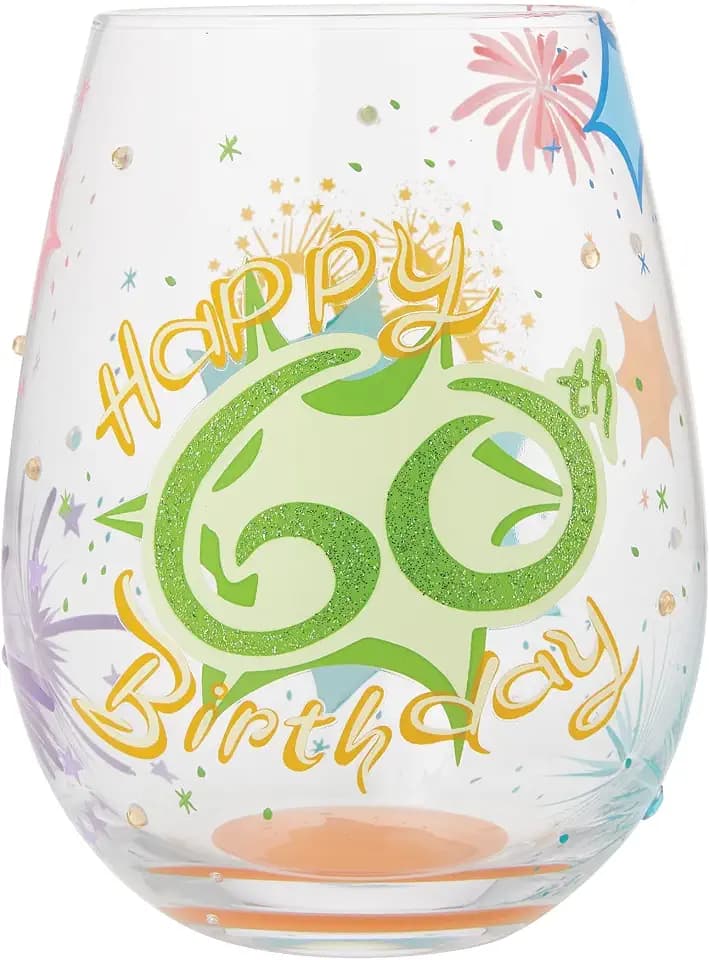 Enesco Lolita Designs Happy 60th Birthday Hand-Painted Artisan Stemless Wine Glass, 20 Ounce, Multicolor