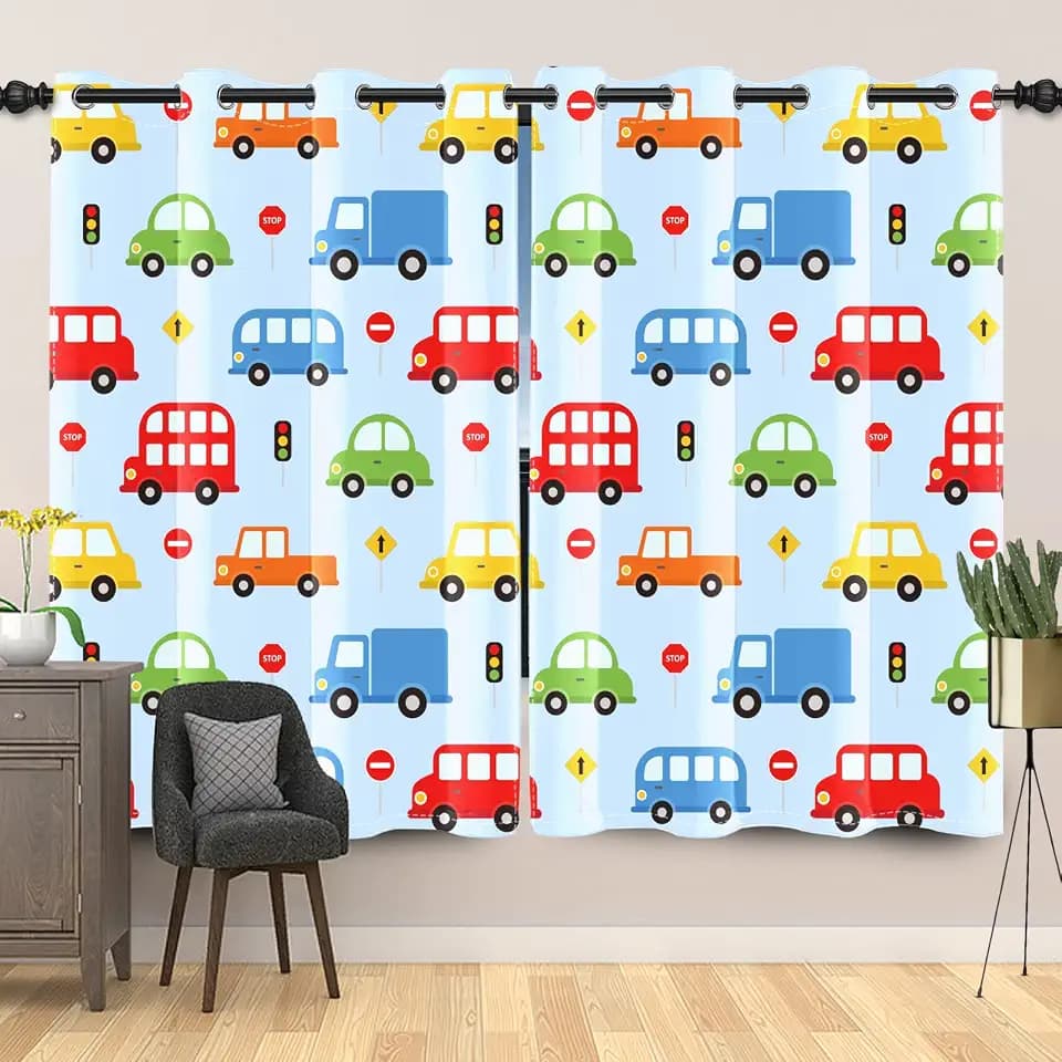 117x183cm Cartoon-Auto Verdunkelungsvorhang für Kinderzimmer Buntes Fahrzeug LKW Bus Verkehrszeichen Ösen Tüllen Raumteiler Fenstervorhänge für Baby-Spielzimmer,2 paneel
