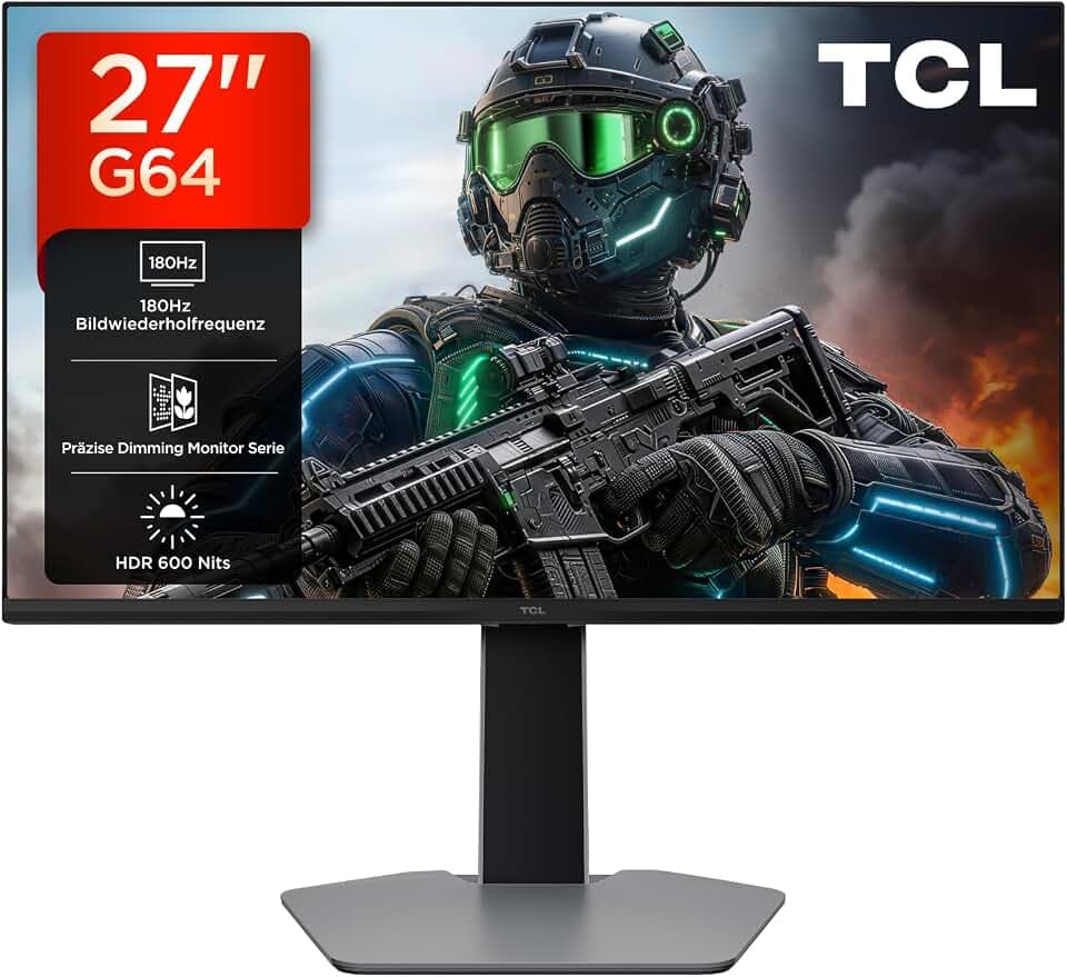 TCL Gaming Monitor 27 Zoll QD-Mini-LED 27G64, QHD-Auflösung, 180Hz, Fast-HVA-Panel, HDR 600 nits, 1ms GTG Reaktionszeit, AMD Freesync, Kompatibilität mit G-Sync