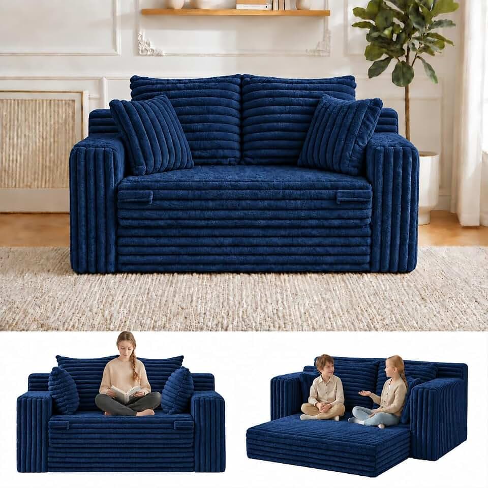 3-in-1 Convertible Sofa Bed: Boneless Loveseat Sleeper & Folding Couch Bed with 4 Pillows & Detachable Cushion,Furry Futon Couch for Bedroom,Apartment,Office and Living Room, No Assembly,Blue