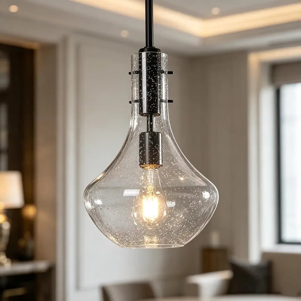 Tribesigns Mini Pendant Light, Bubble Glass Pendant Lighting for Kitchen Island, Adjustable Height, Modern Industrial Hanging Light Fixture, E26 Base, Dimmable Compatible, Glass Shade （Black