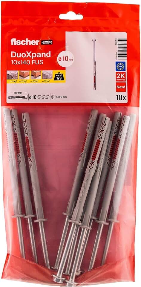 fischer DuoXpand 10 x 140 FUS, hochwertiger Universaldübel mit Sechskantschraube & angeformter U-Scheibe (10 Stk.), Dübel für starken Halt, ideal für poröse Baustoffe & randnahe Verankerungen