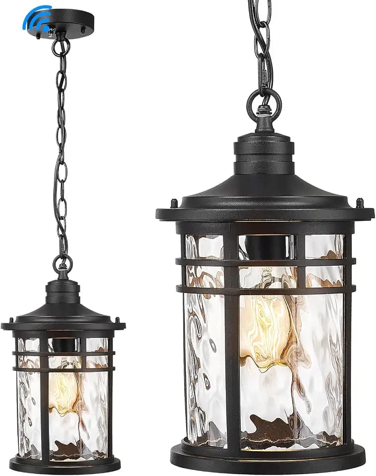 Darkaway Dusk to Dawn Outdoor Pendant Light, 14inch Hanging Porch Light Outdoor Chandelier Ceiling Mount Waterproof Pendant Lights with Water Ripple Glass for Patio Entrance Foyer Entryway